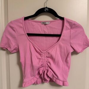 Zara Bubblegum Pink Ribbed Ruched Crop Top